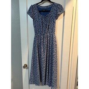 Lauren Ralph Lauren Blue Floral Midi Dress Elastic Waist Lined Sz 0P